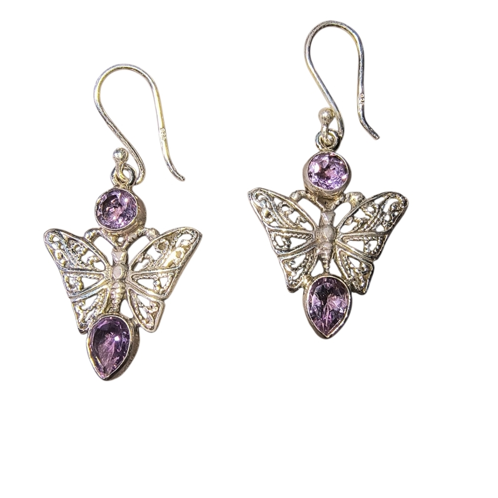 Sterling Silver Filigree Butterfly Earrings with Amethyst Gemstones - Picture 2 of 9